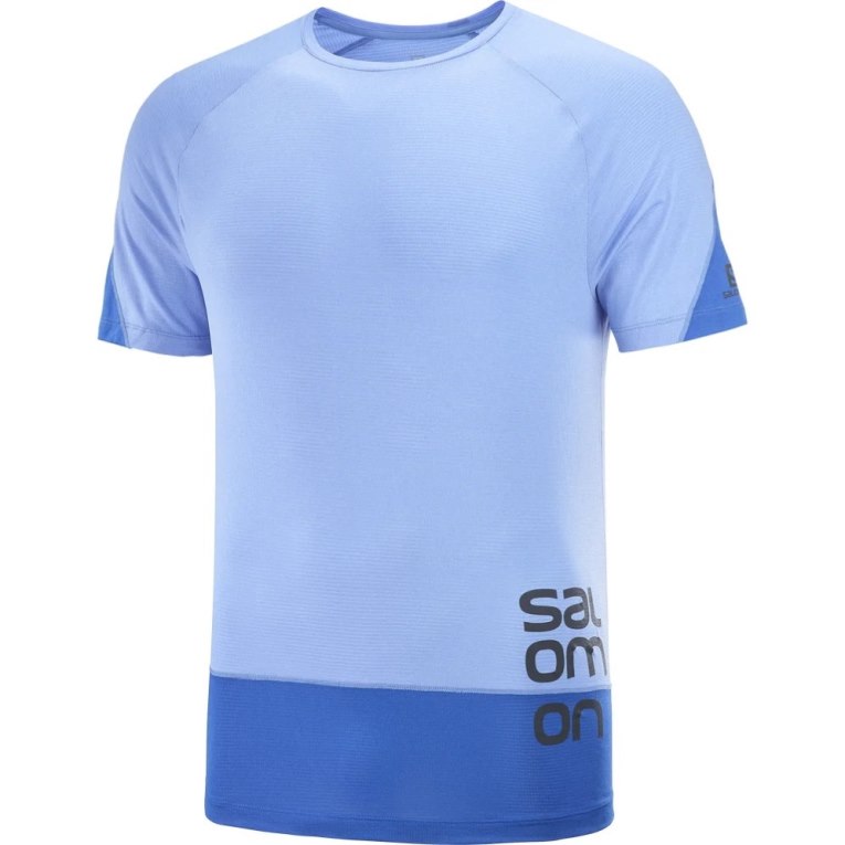 Camiseta Salomon Cross Run Estampados Corta Sleeve Hombre Azules | MX JNOX715